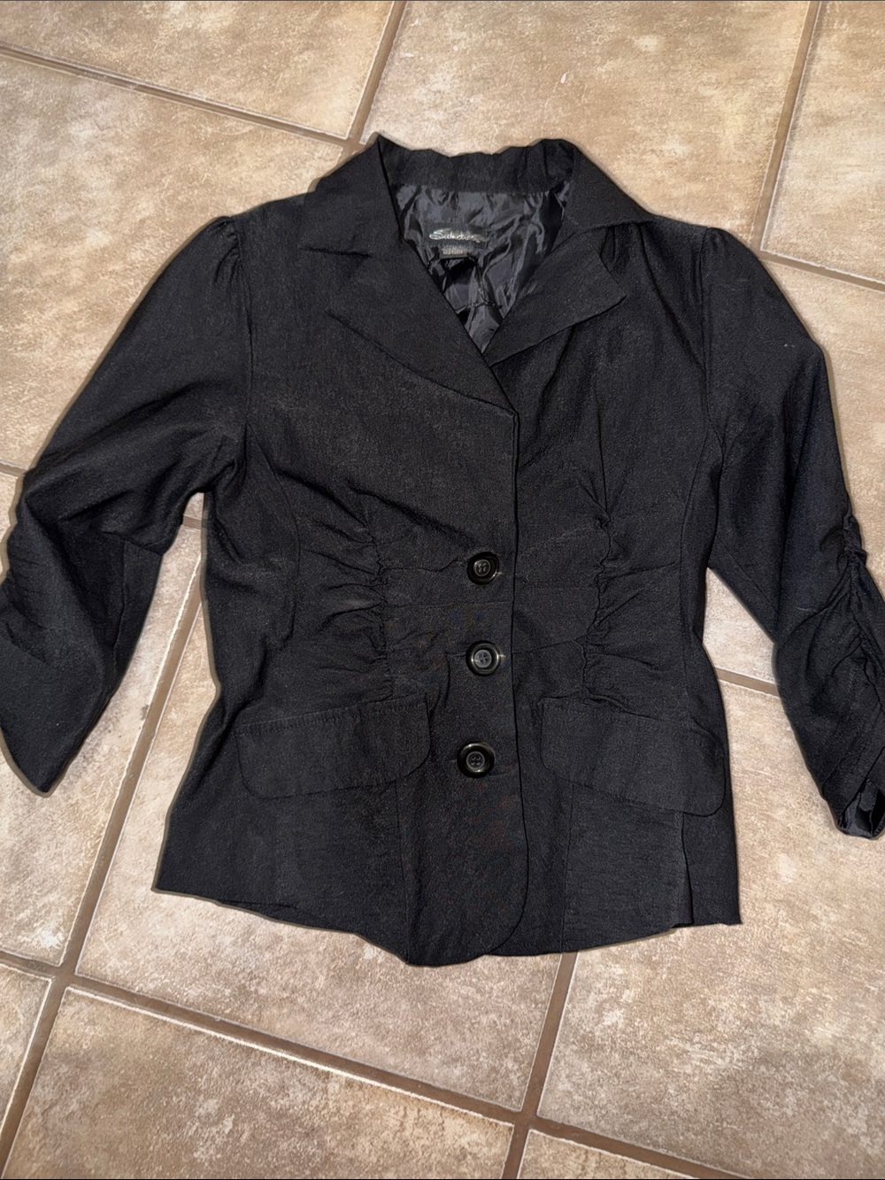 Women's Black Tailored Three-Button Blazer with Ruching